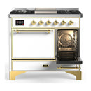 ILVE Majestic III 40-inch Dual Fuel Range with 6 Natural Gas Burner, Griddle and Solid Door Electric Oven in White with Brass Trim (UMD40FQNR3WHG)
