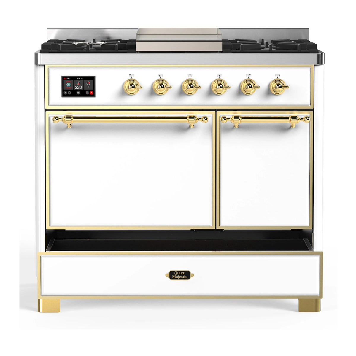White dual fuel range with brass trim; 6 gas burners and griddle; oven doors and drawer closed