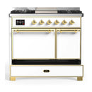 ILVE Majestic III 40-inch Dual Fuel Range with 6 Natural Gas Burner, Griddle and Solid Door Electric Oven in White with Brass Trim (UMD40FQNR3WHG)