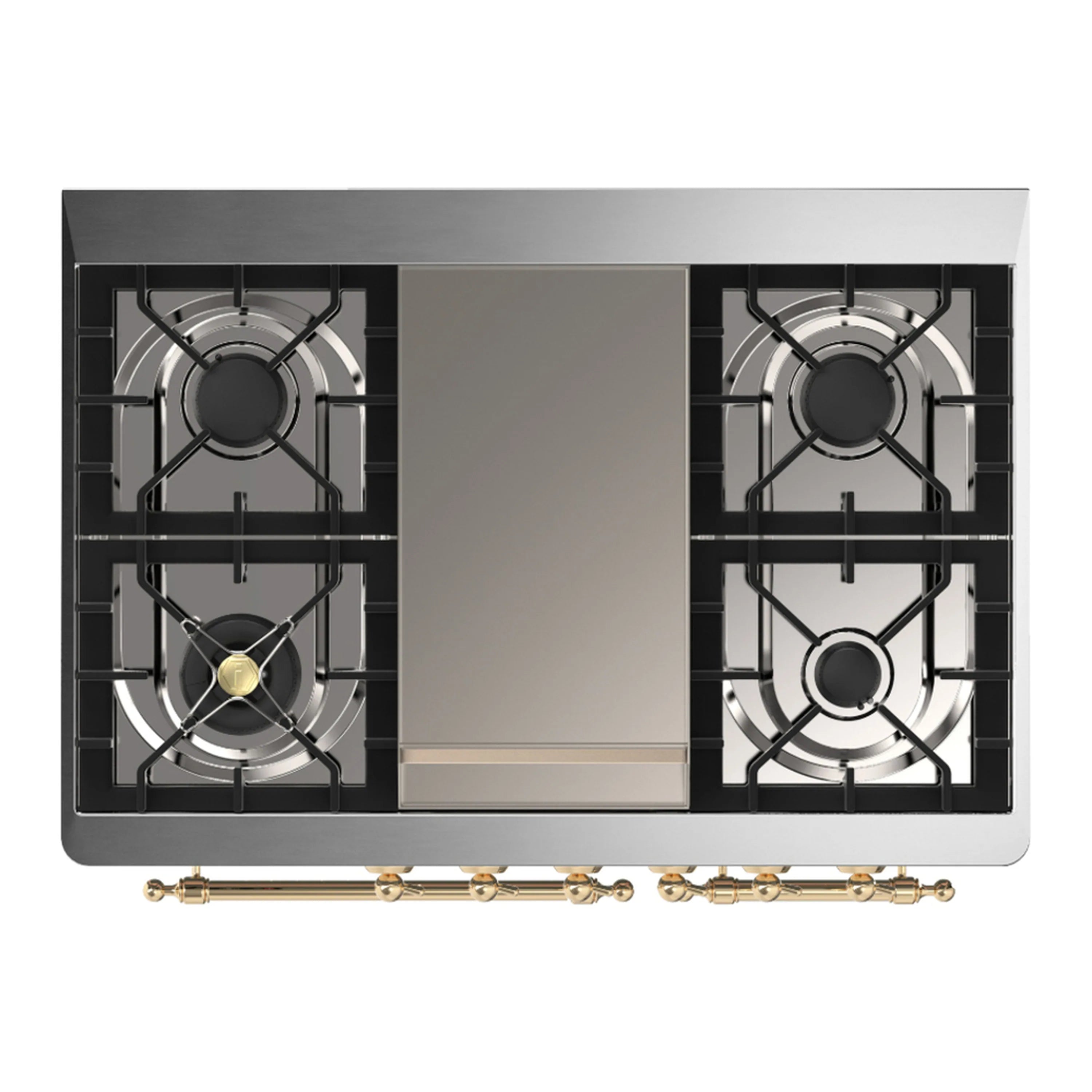 Overhead view of white dual fuel cooktop with four burner grates and brass gas controls