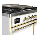 ILVE Majestic III 40-inch Dual Fuel Range with 6 Natural Gas Burner, Griddle and Solid Door Electric Oven in White with Brass Trim (UMD40FQNR3WHG)