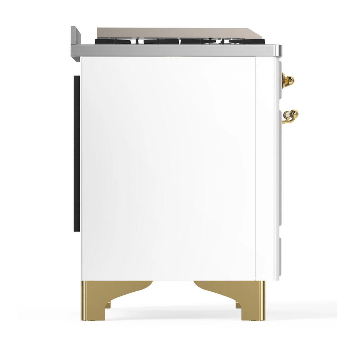 Side view of white dual fuel range with brass trim and gold-toned legs