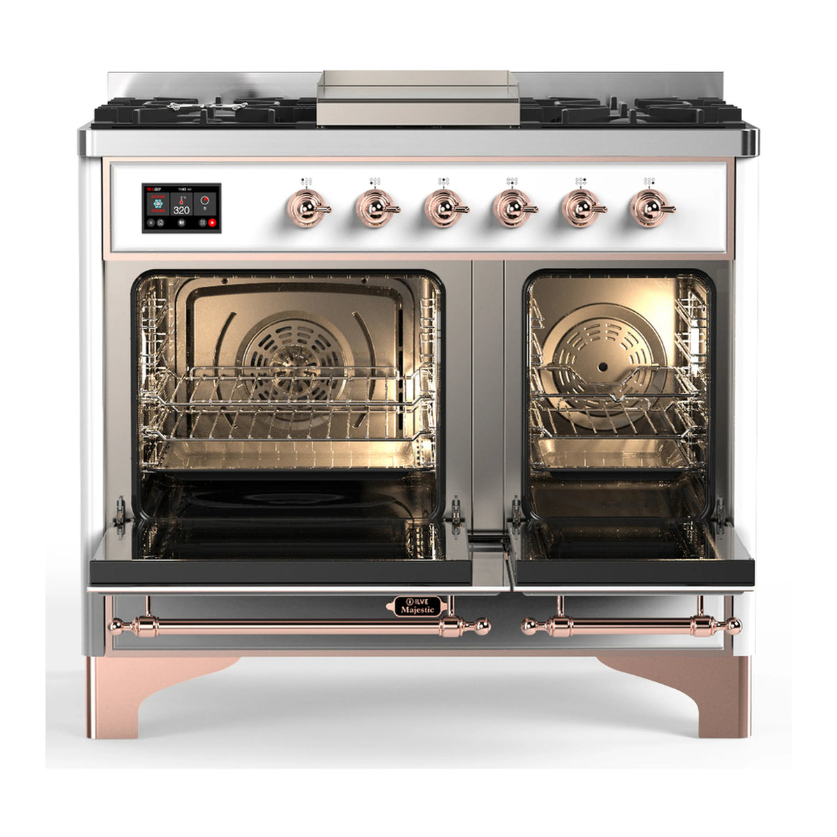 White dual fuel range with copper trim showing both oven doors open with interior racks
