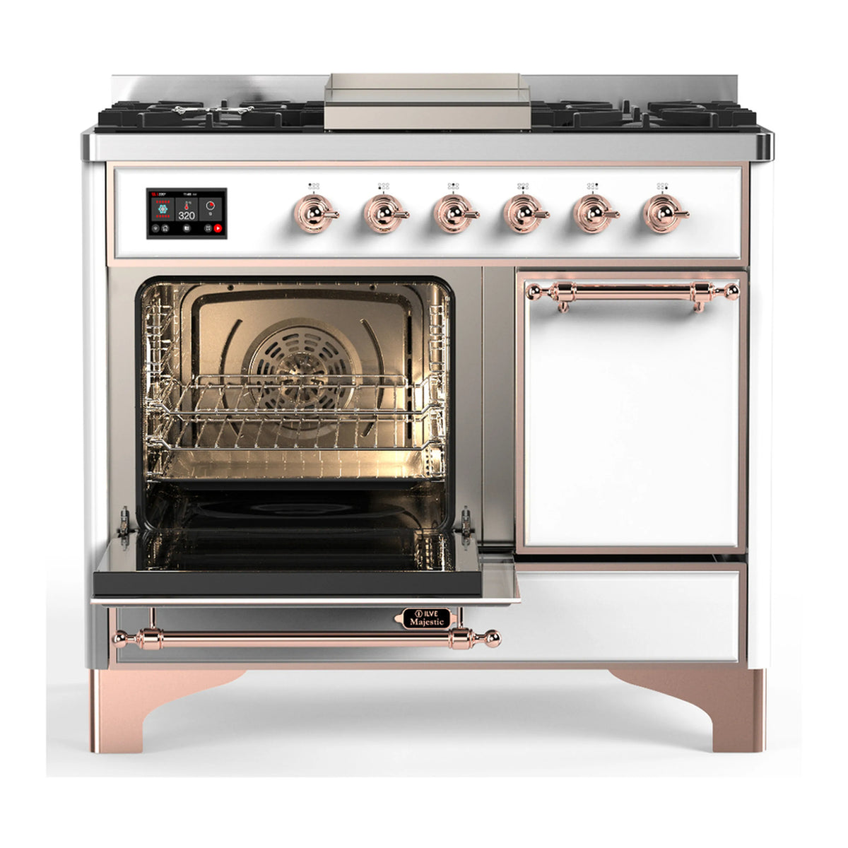White dual fuel range with copper-trim control panel and oven door open with racks