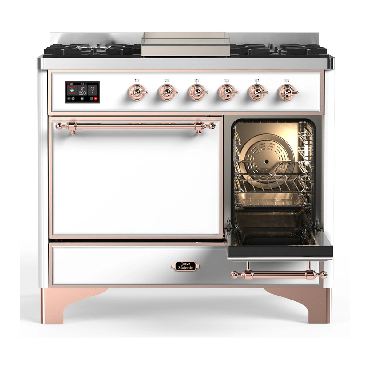 White dual fuel range with copper trim, stovetop burners, and one oven door open