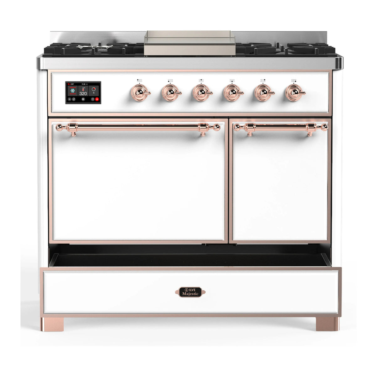 White dual fuel range front view with copper trim, control panel, burners, and storage drawer