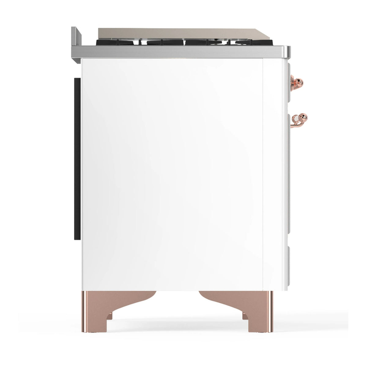White dual fuel range side view with solid oven door and copper-trim base stand