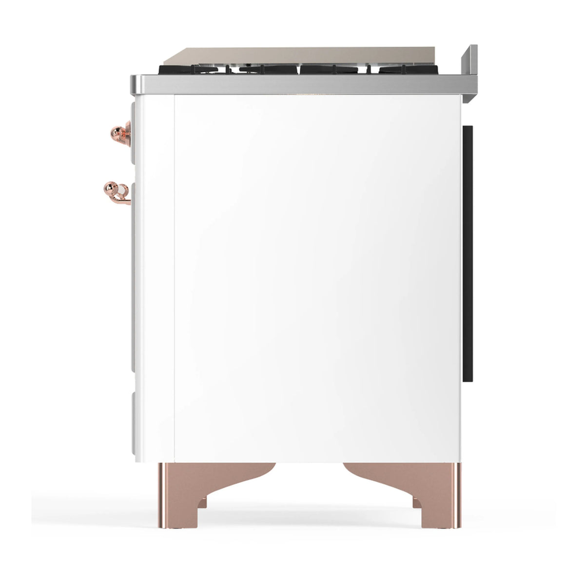 White dual fuel range side angle with oven door panel and copper-trim legs