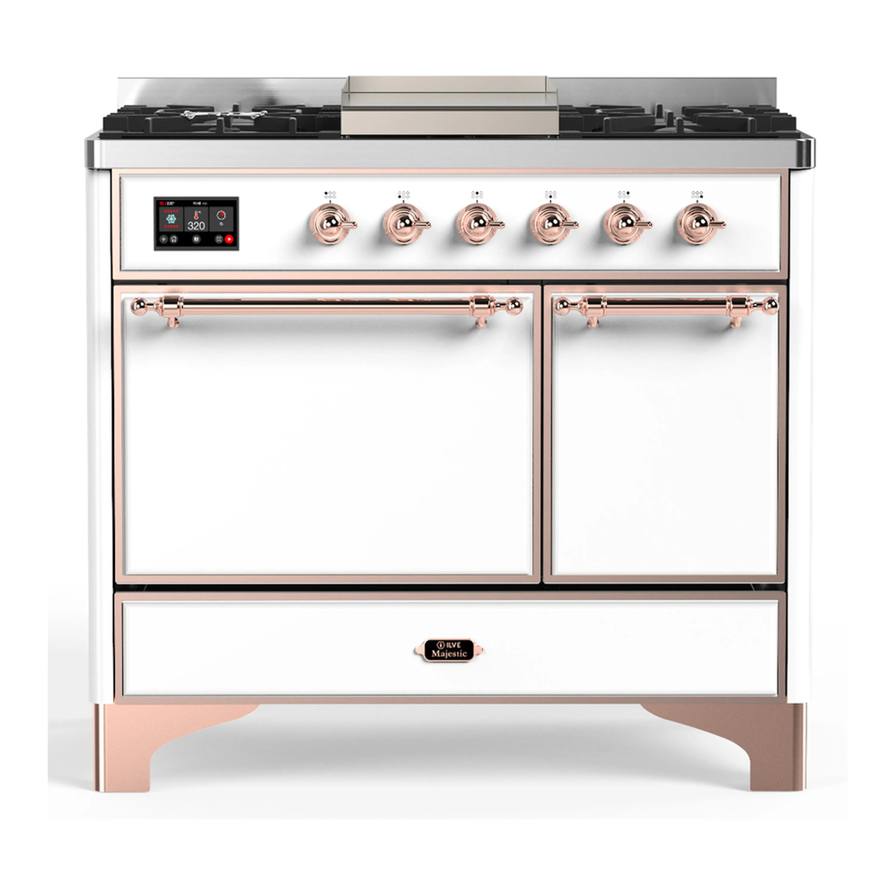 White dual fuel range with copper trim, 5 burners, griddle, and solid electric oven doors