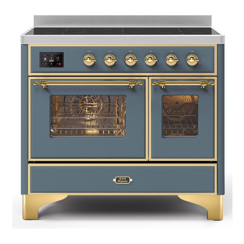 ILVE 40-Inch Majestic II induction Range with 6 Elements - Dual Oven - TFT Control Display - Triple Glass Cool Oven Door - in Blue Grey with Brass Trim (UMDI10NS3BGG)