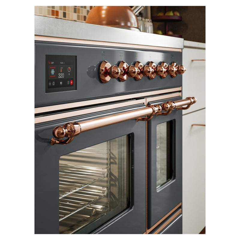 ILVE 40-Inch Majestic II induction Range with 6 Elements - Dual Oven - TFT Control Display - Triple Glass Cool Oven Door - in Blue Grey with Copper Trim (UMDI10NS3BGP)