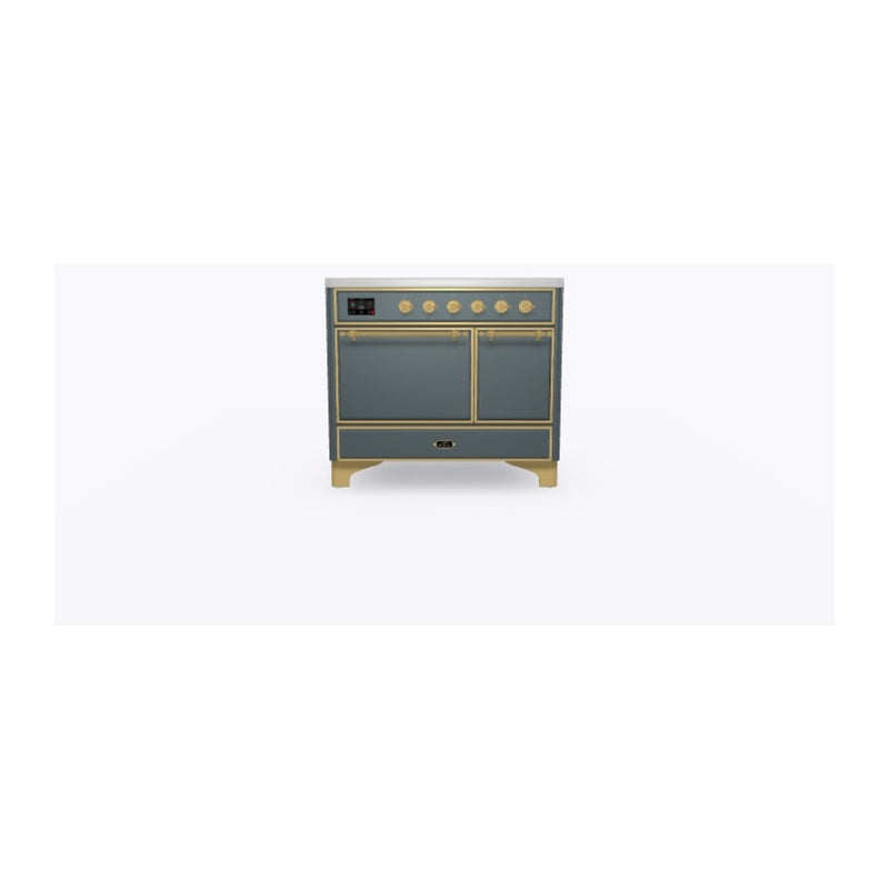 ILVE 40-Inch Majestic II Series Freestanding Electric Solid Door Double Oven Range with 6 Elements in Blue Grey with Brass Trim (UMDI10QNS3BGG)