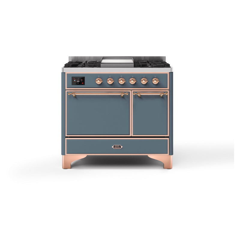 ILVE 40-Inch Majestic II Series Freestanding Electric Solid Door Double Oven Range with 6 Elements in Blue Grey with Copper Trim (UMDI10QNS3BGP)