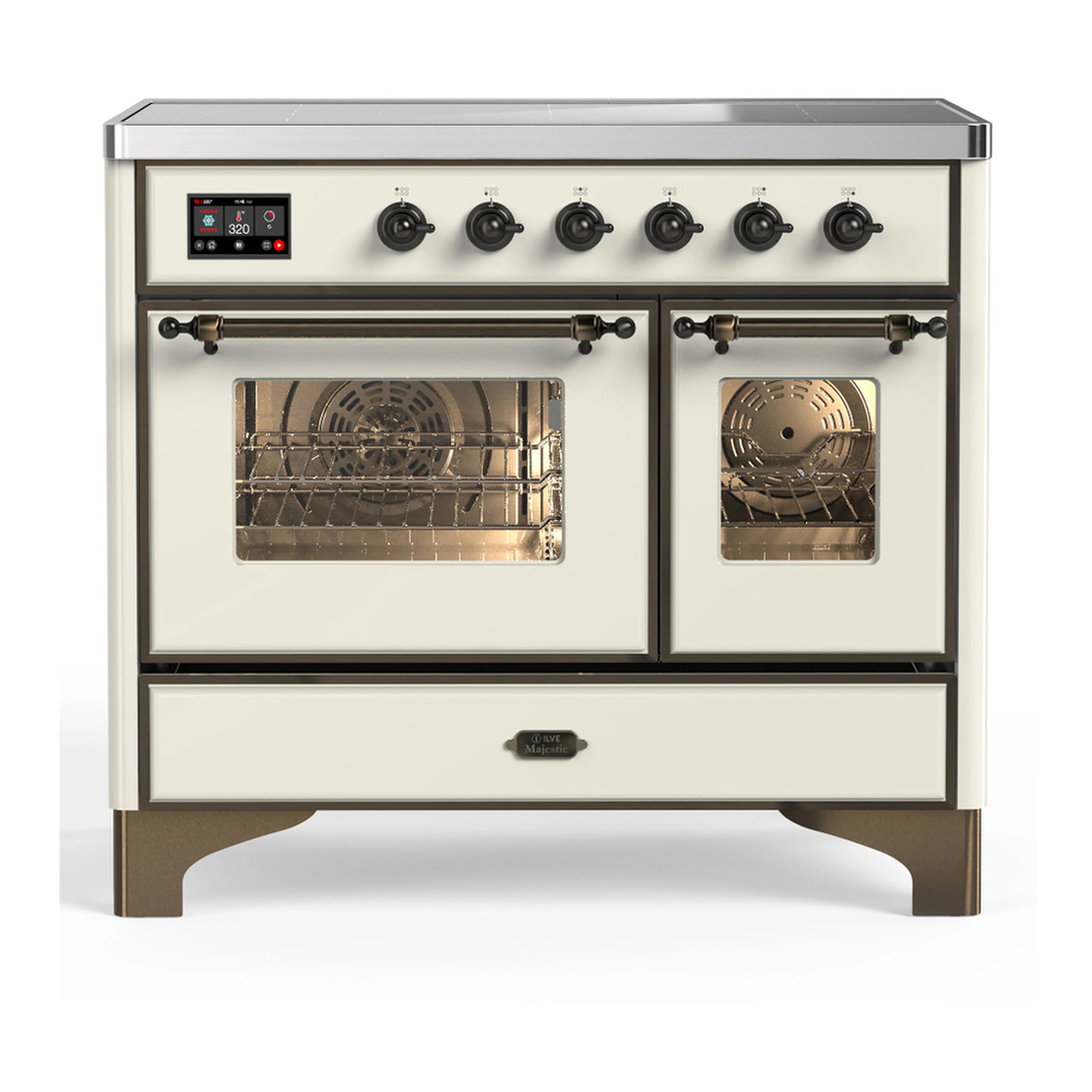 Antique white induction range with two glass oven doors and control panel