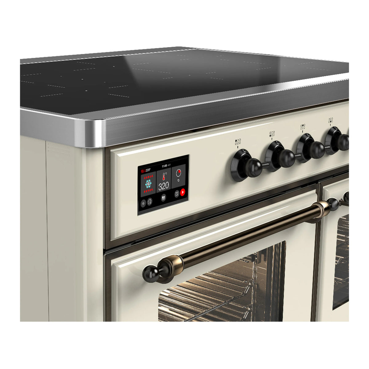 Induction range control panel with digital display and black knob switches
