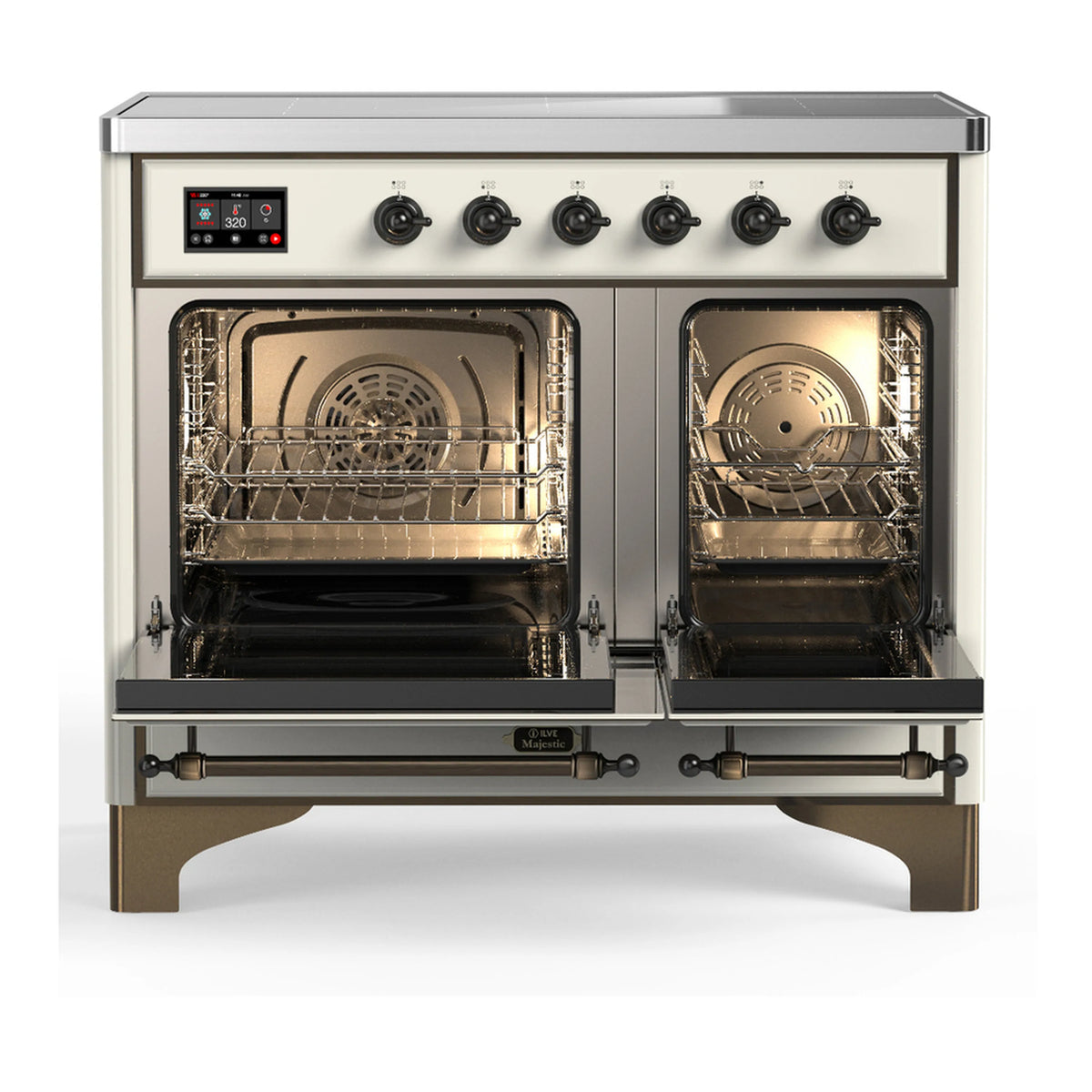 Antique white induction range with both oven doors open, showing racks