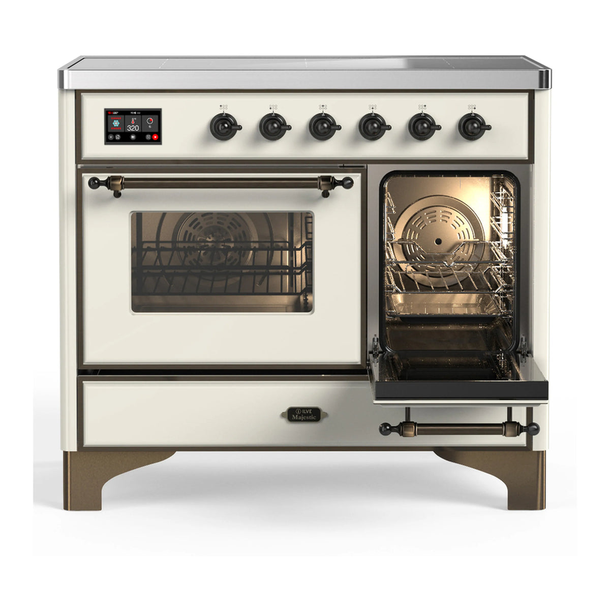 Antique white induction range with left oven glass door closed and right door open