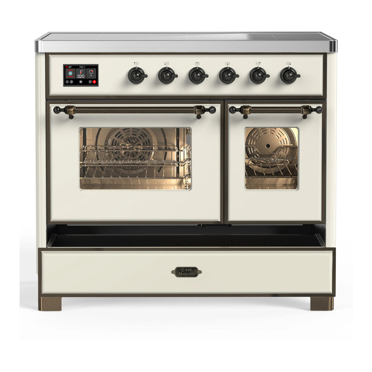 Antique white induction range with two glass oven doors and open storage drawer