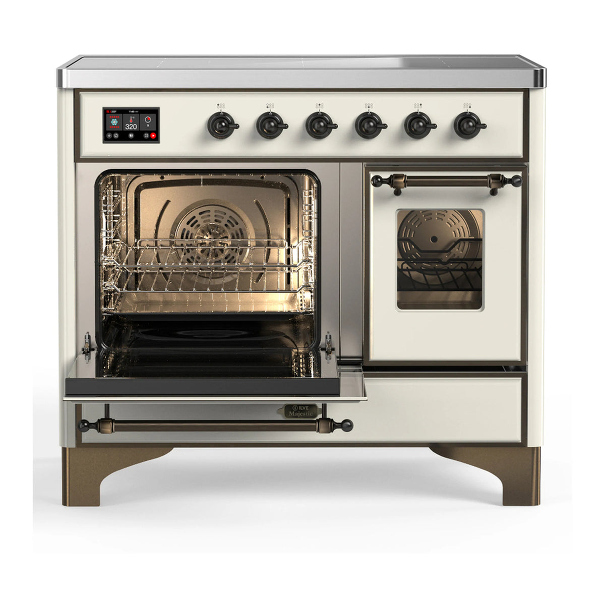Antique white induction range with left oven door open and right glass door closed