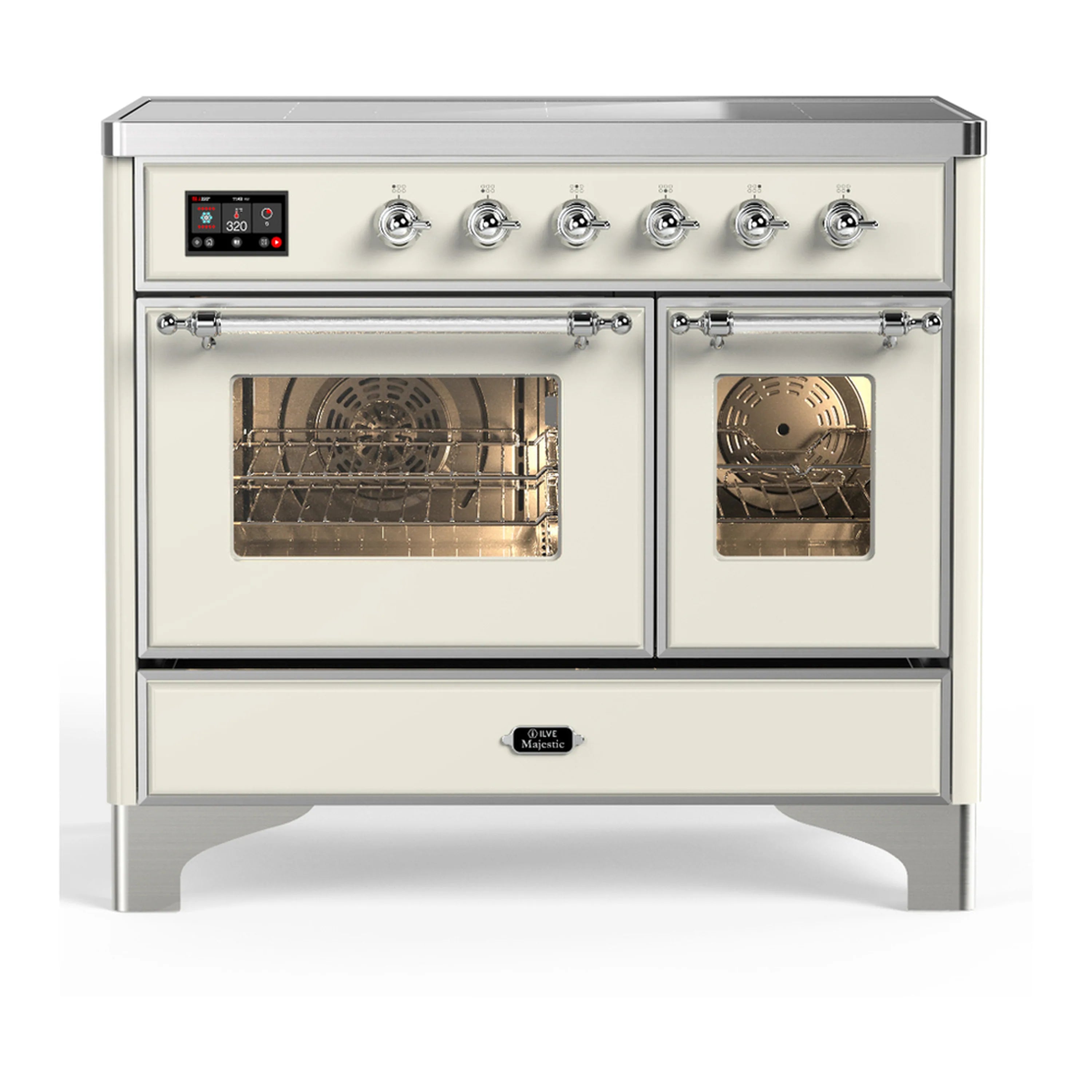Antique white induction range with chrome trim, two oven windows, and control panel