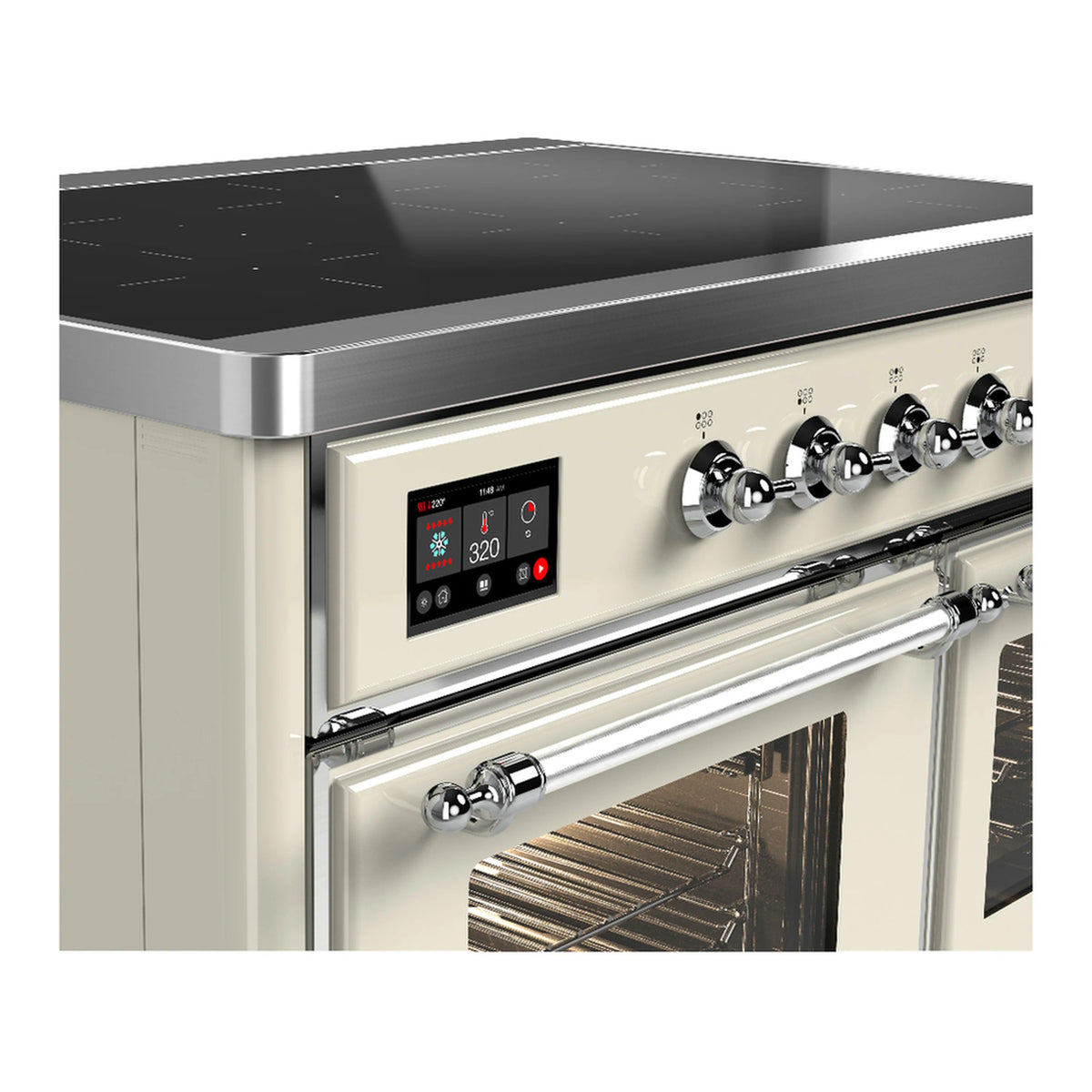 Antique white induction range control panel with digital display and chrome knobs