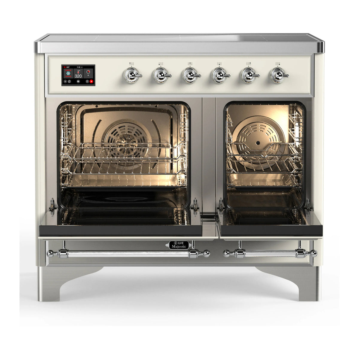 Antique white induction range with chrome trim, both oven doors open to lit interiors
