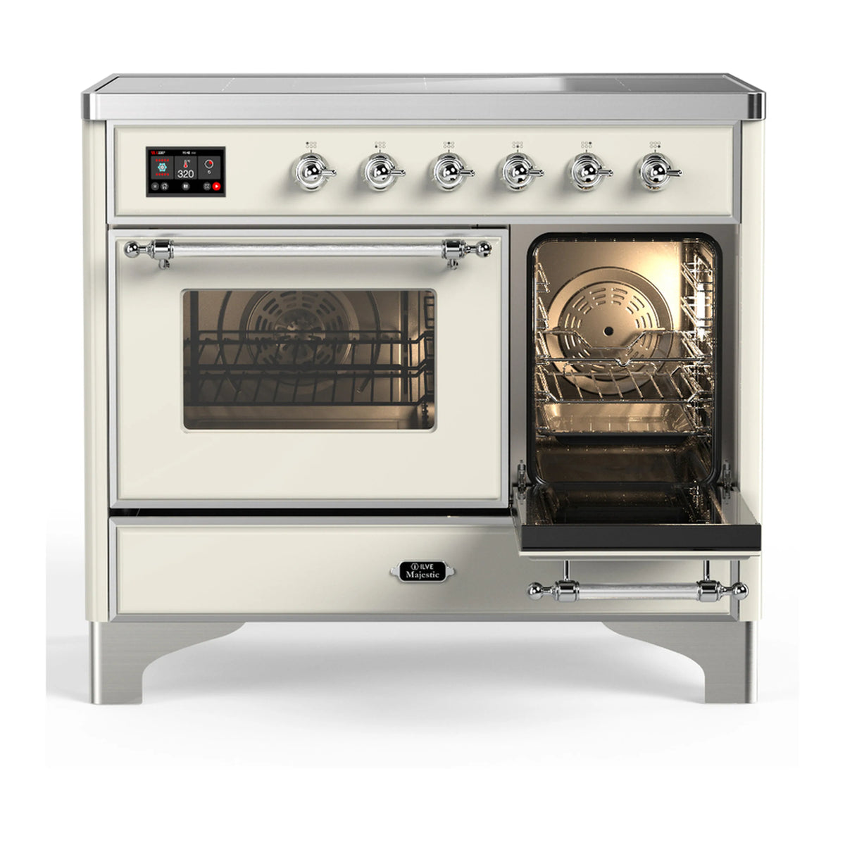 Antique white induction range with one oven door open, lit oven cavity and racks