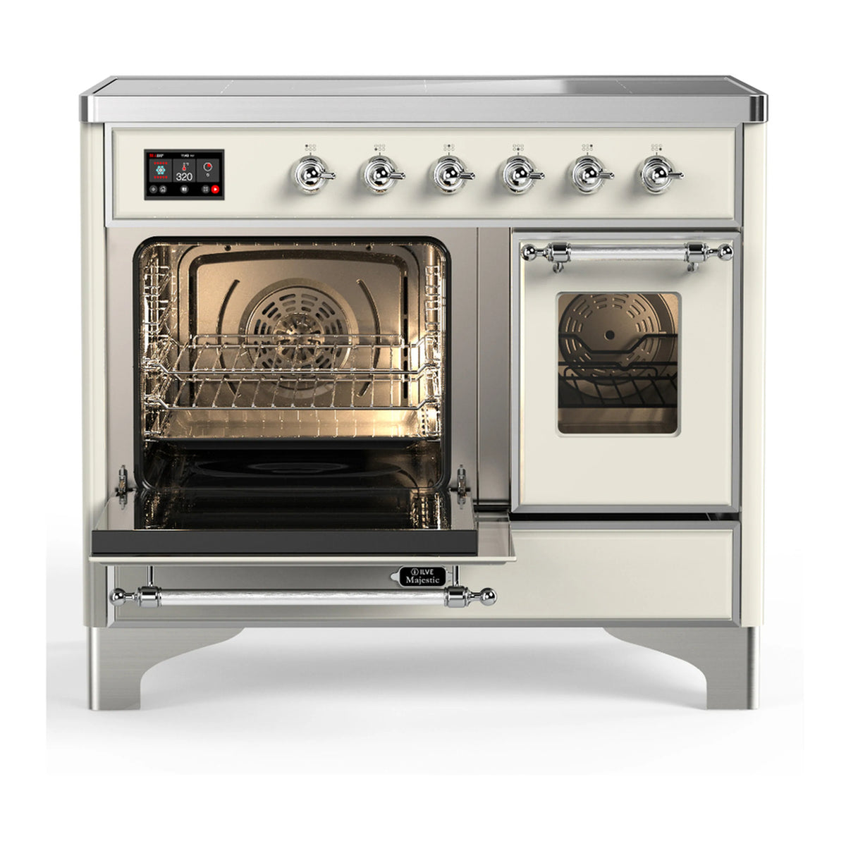 Antique white induction range with chrome trim, both oven doors closed and window panels
