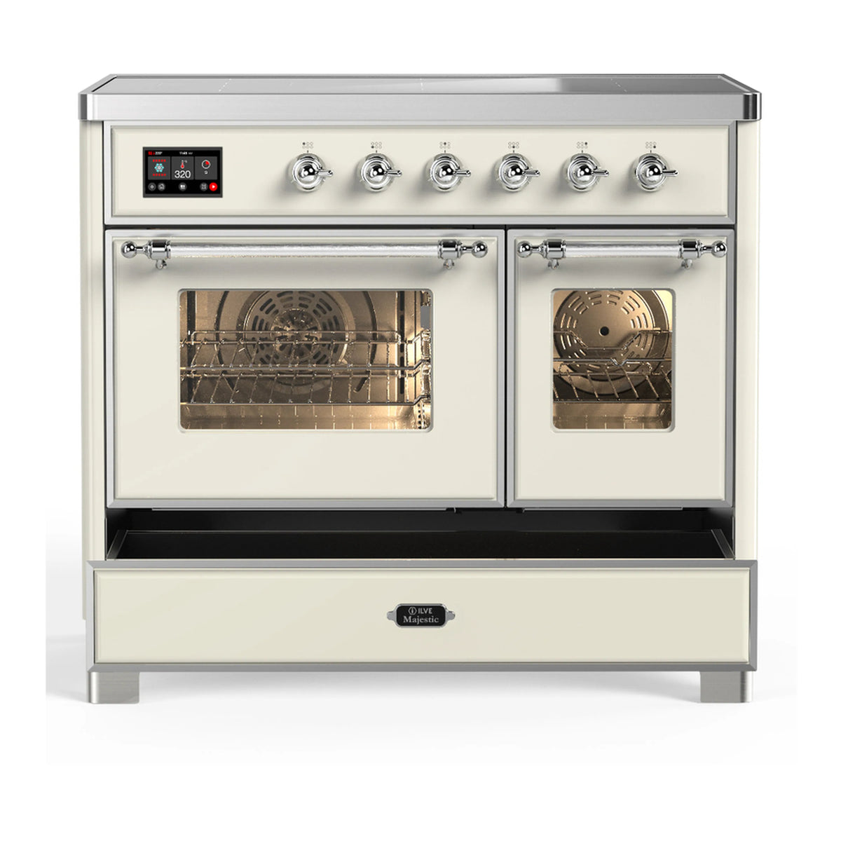 Antique white induction range with oven doors closed and lower storage drawer extended