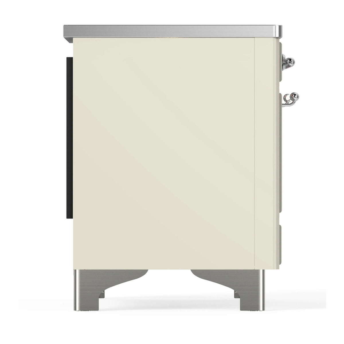 Antique white range side panel with chrome legs and handle hardware