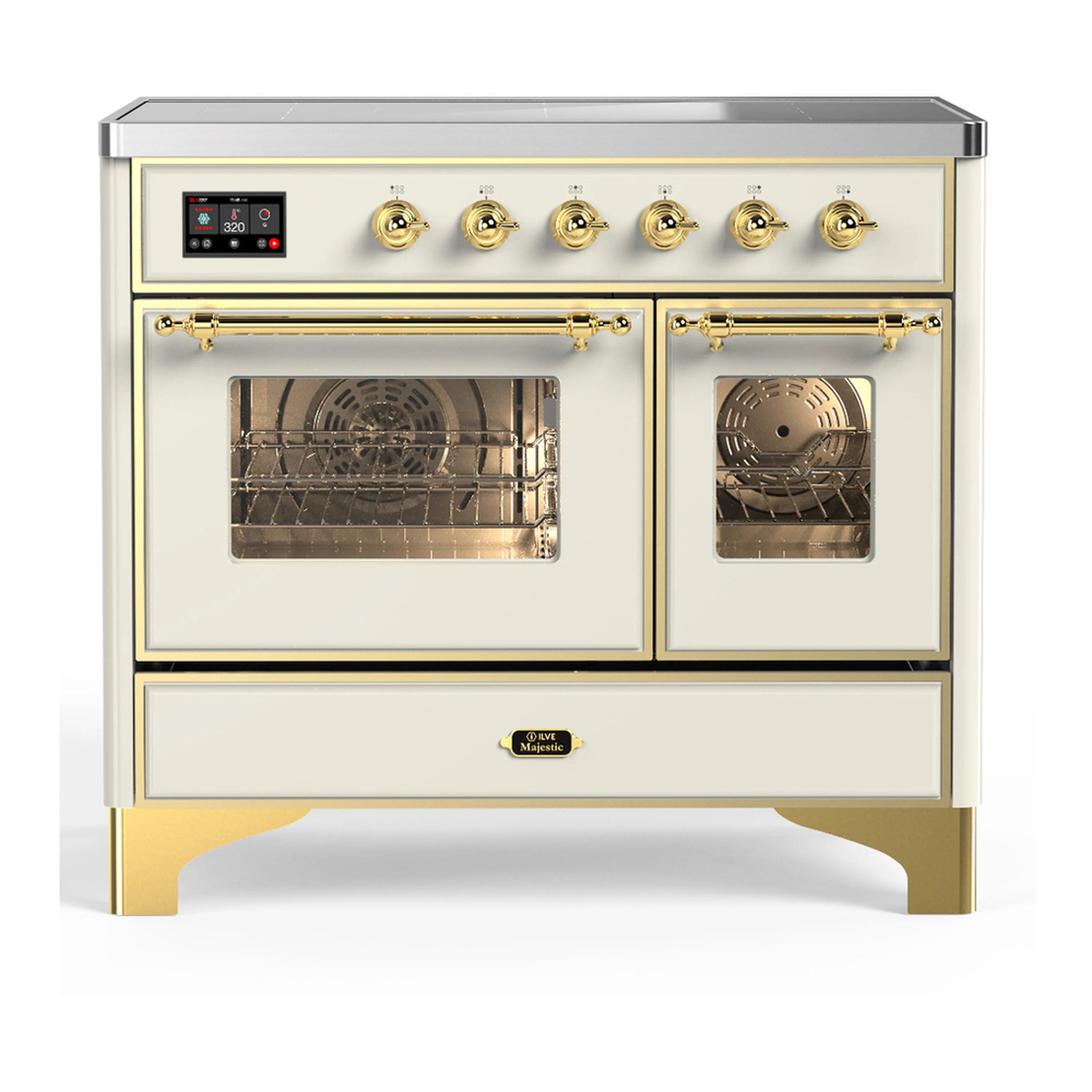 Antique white induction range with brass-trim knobs and dual oven doors
