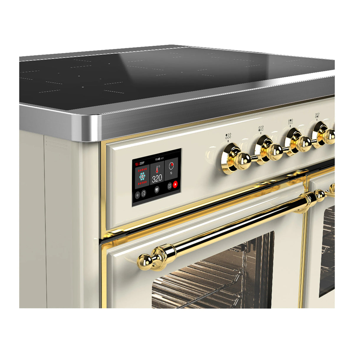 Induction range control panel with digital display and brass knobs
