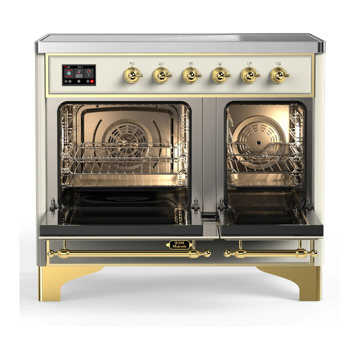 Antique white induction range with open dual oven doors and wire racks