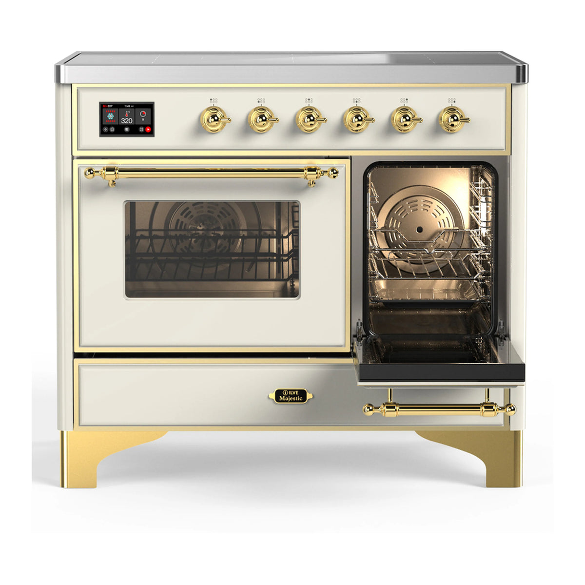 Antique white induction range with oven door open, interior racks, brass handles