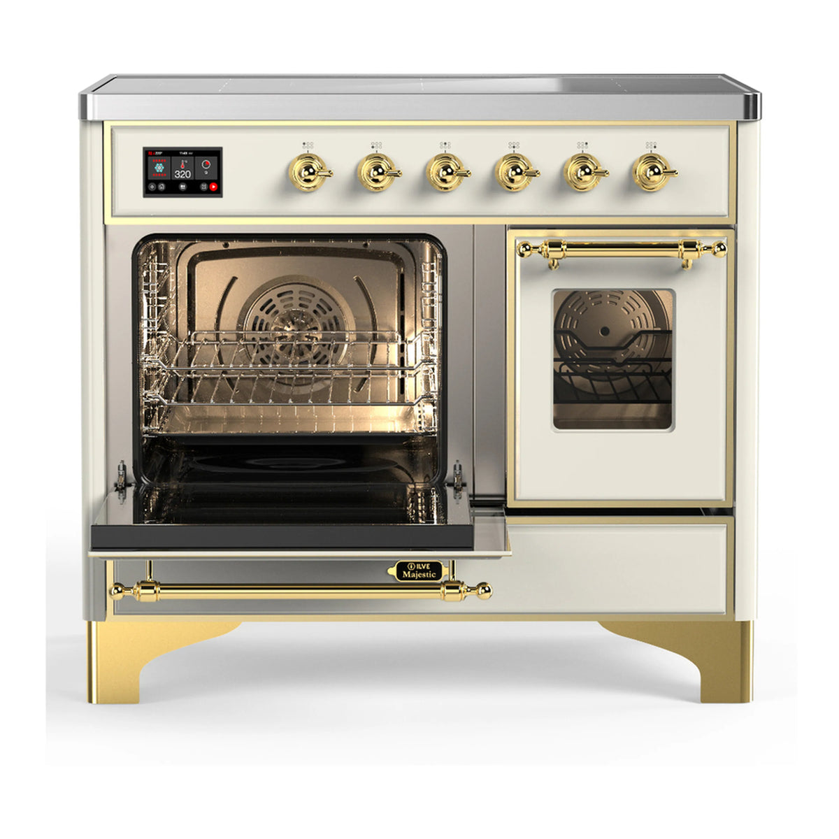 Antique white induction range showing left oven interior and right oven door window