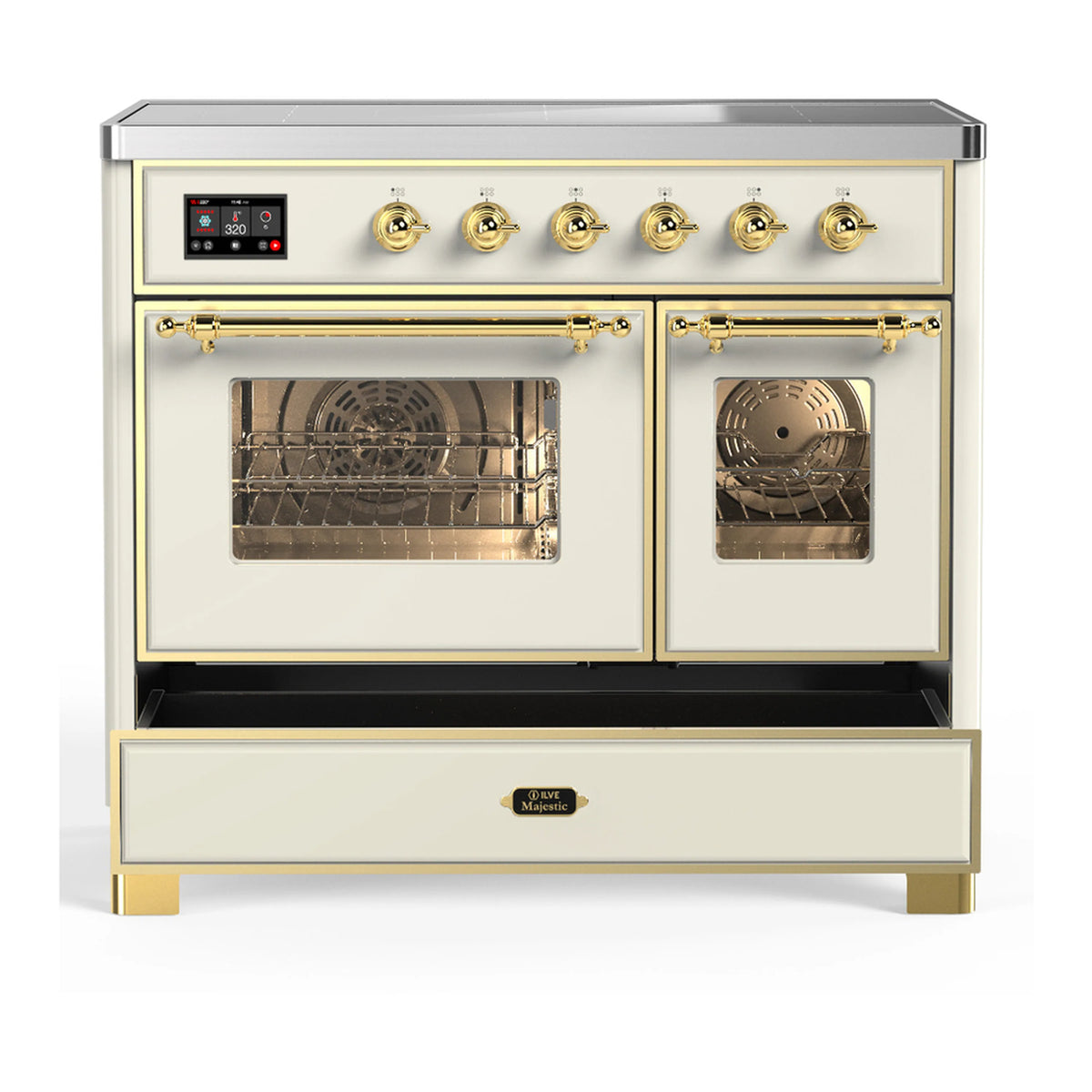 Antique white induction range with both oven doors open and brass trim rails