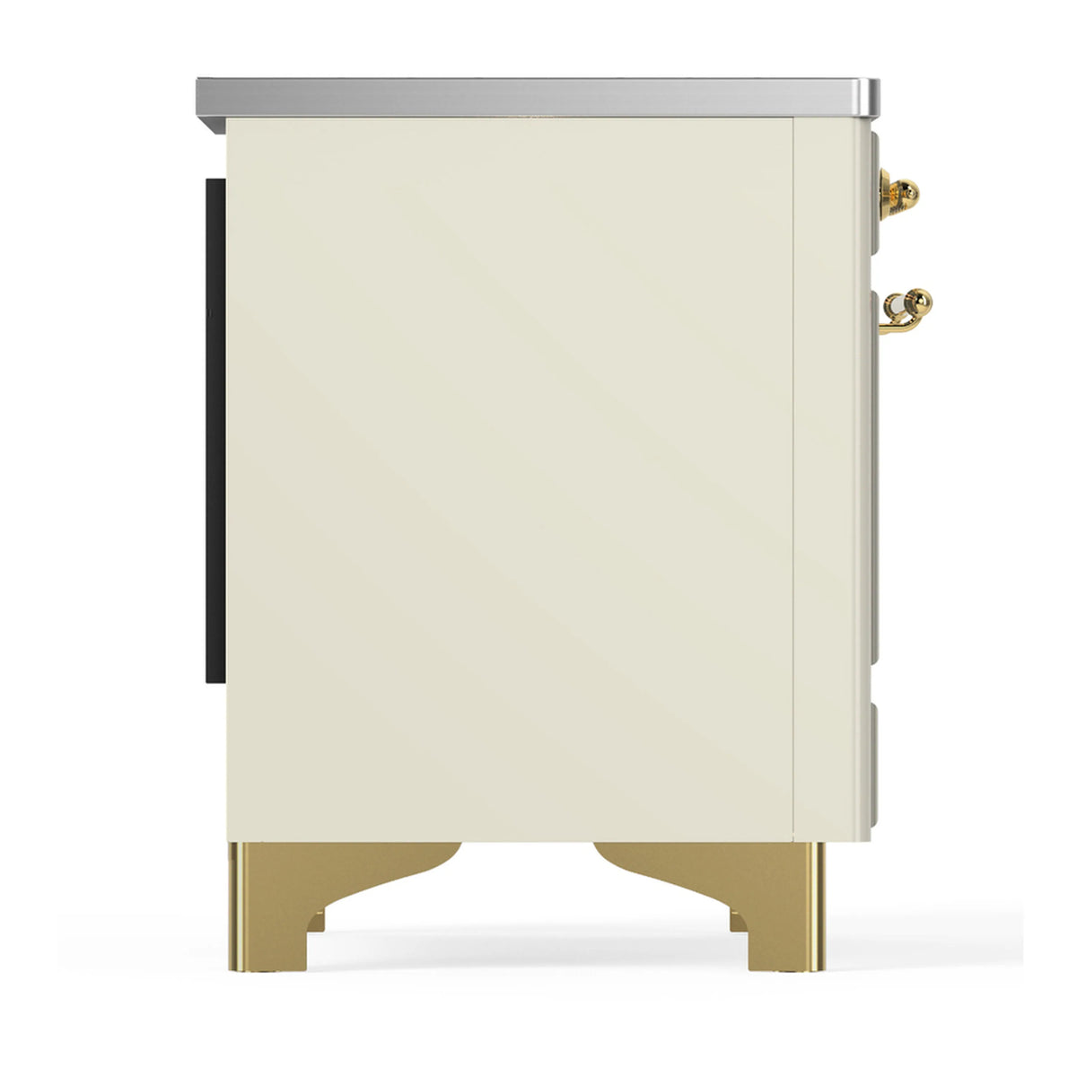Antique white range side view with brass feet and metal trim