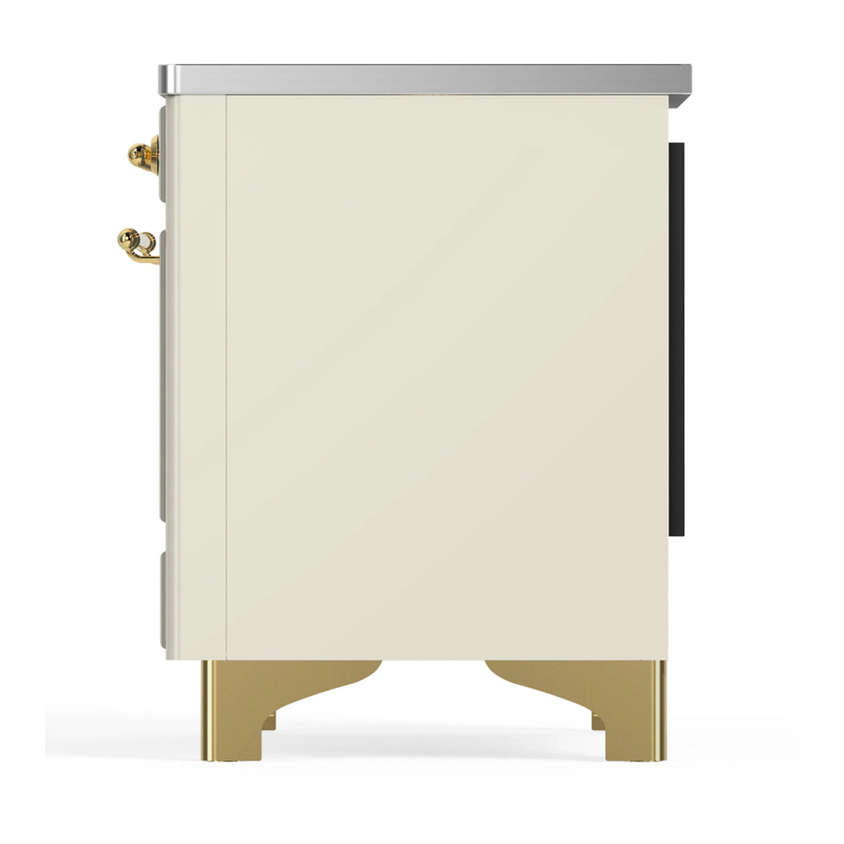 Antique white range rear side view with brass feet and trim hardware