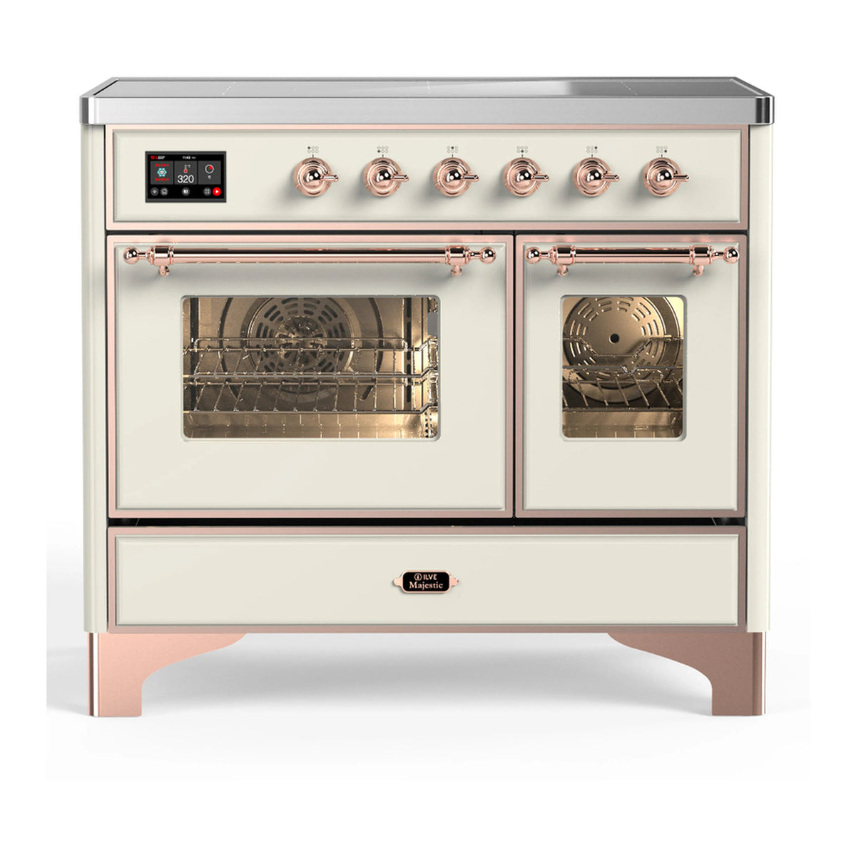 Antique white induction range with copper trim, two ovens, and triple glass doors