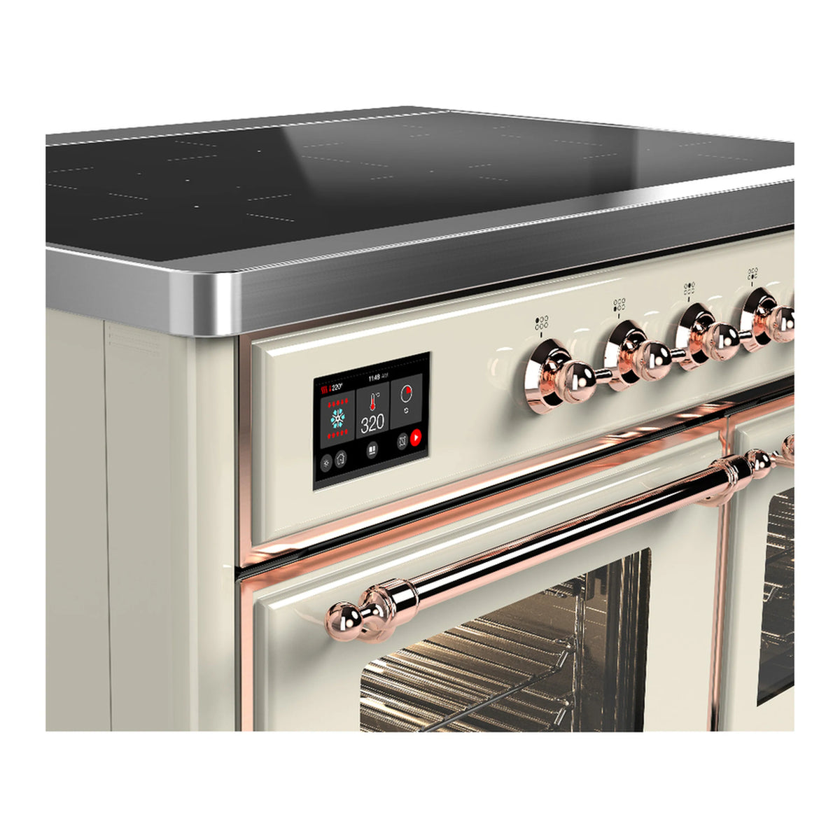 Induction range control panel with digital display and copper knob handles