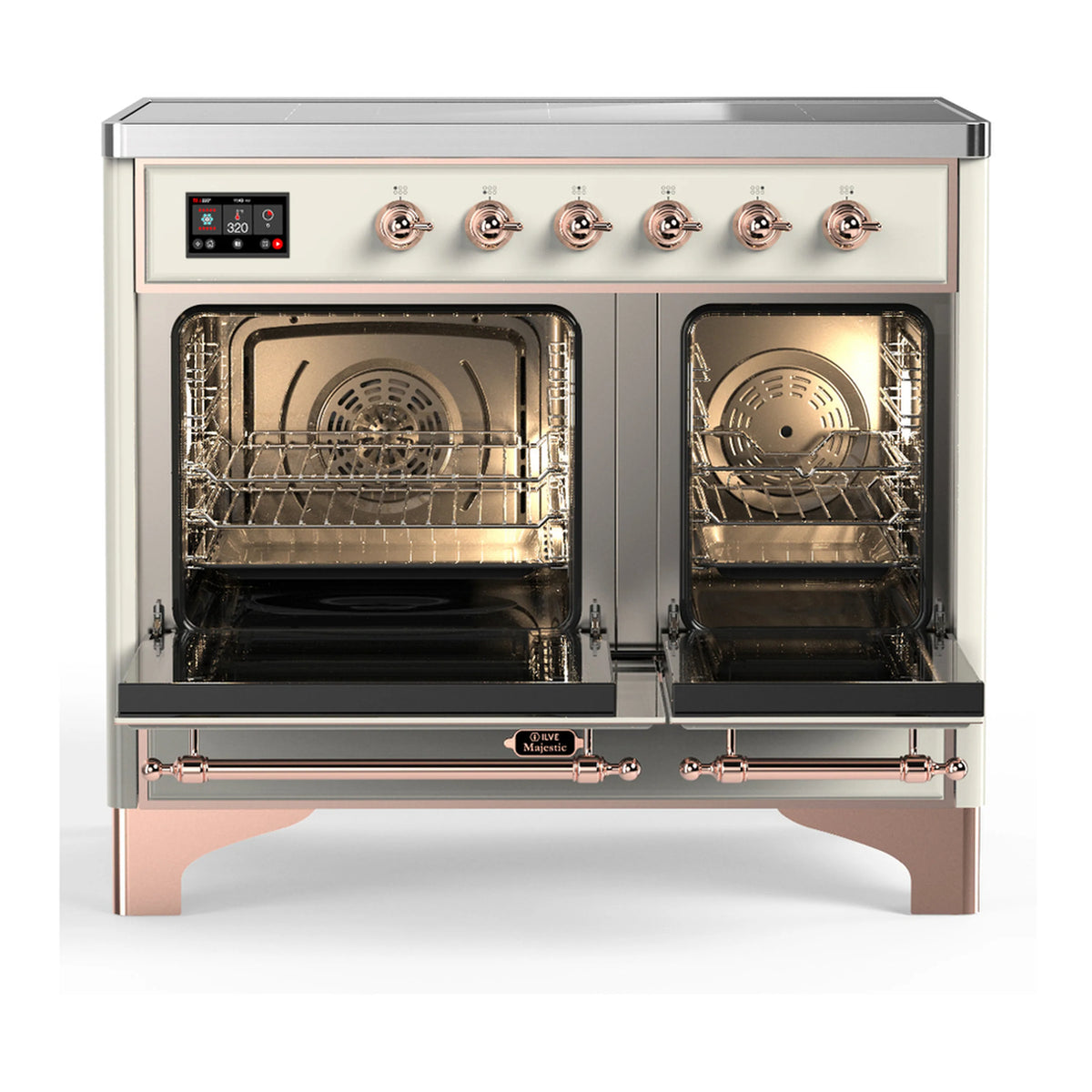 Antique white induction range with both oven doors open showing racks and heating elements