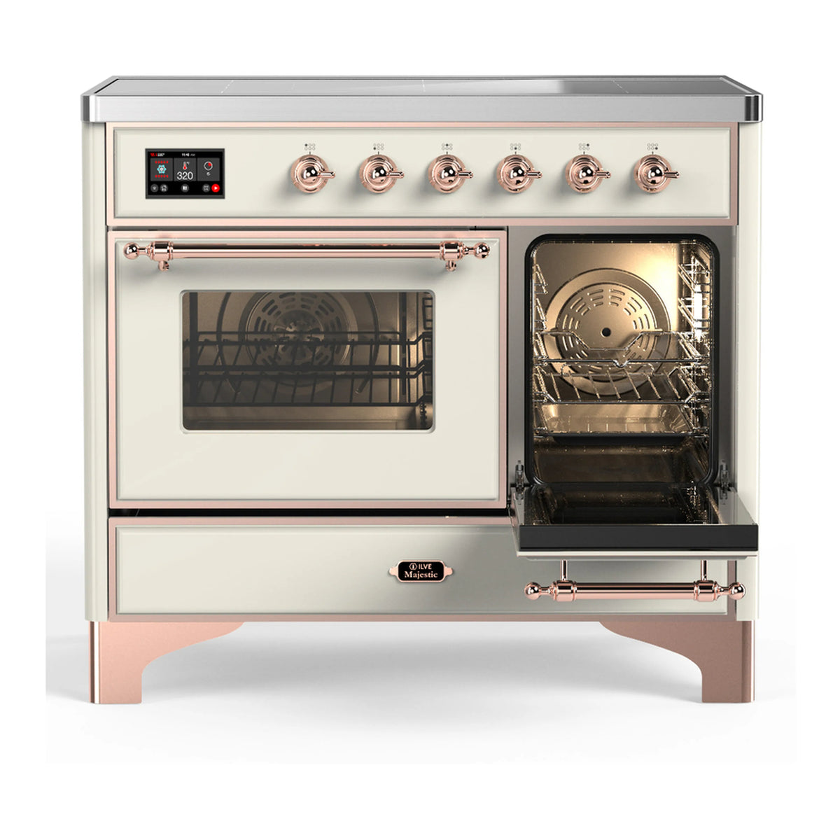 Antique white induction range with one oven door open and copper trim details