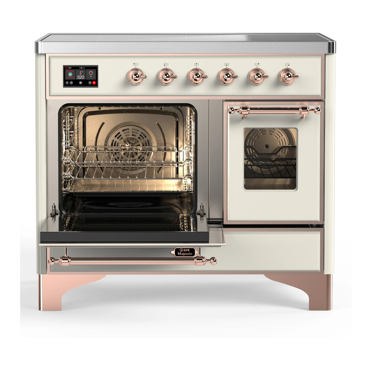 Antique white induction range with open oven door and side oven with glass window