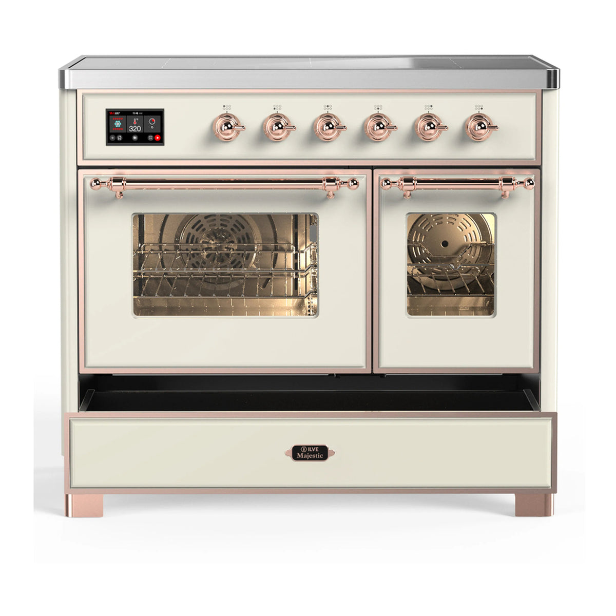 Antique white induction range with both ovens closed and copper trim oven knobs