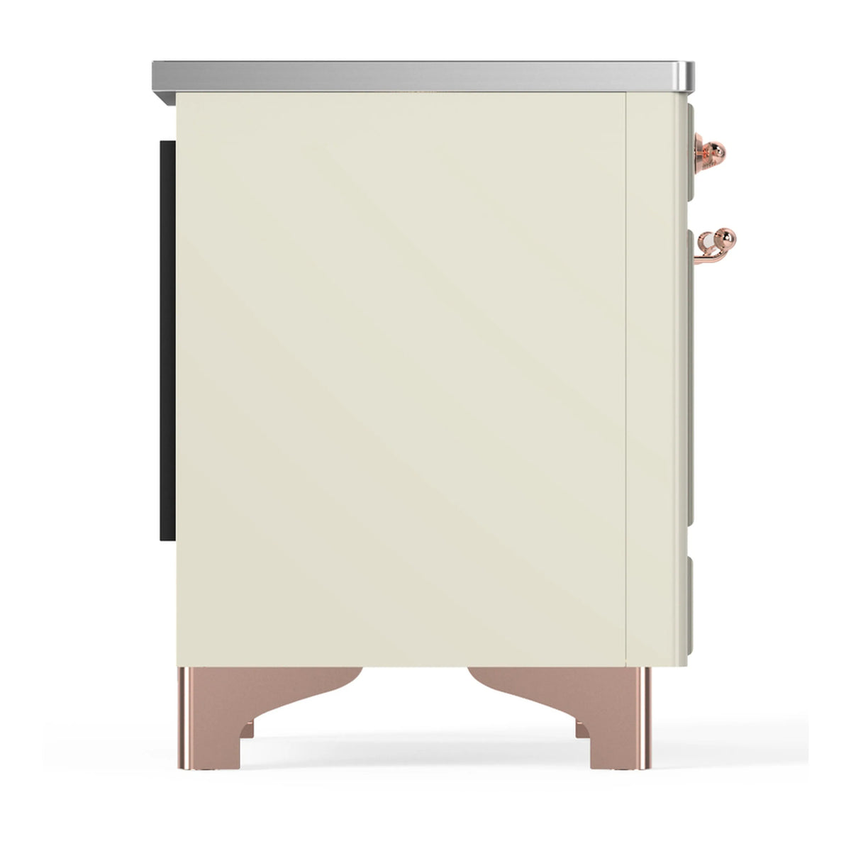 Antique white induction range side panel with copper handle detail