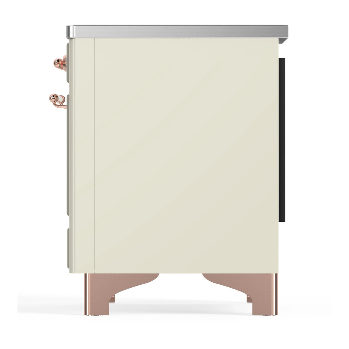 Antique white induction range rear side panel with copper trim and base legs
