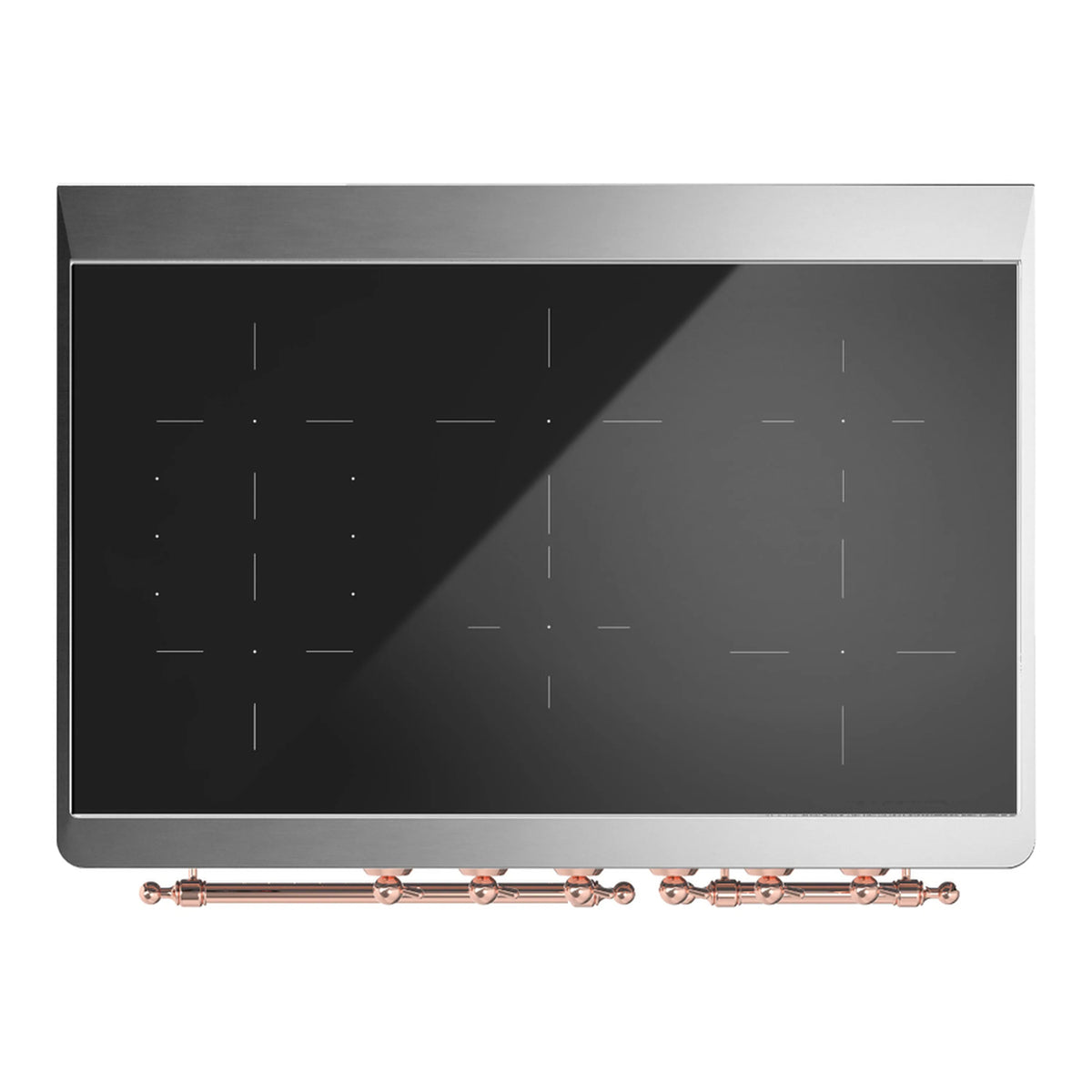 Induction range oven door with dark glass panel and copper trim along bottom