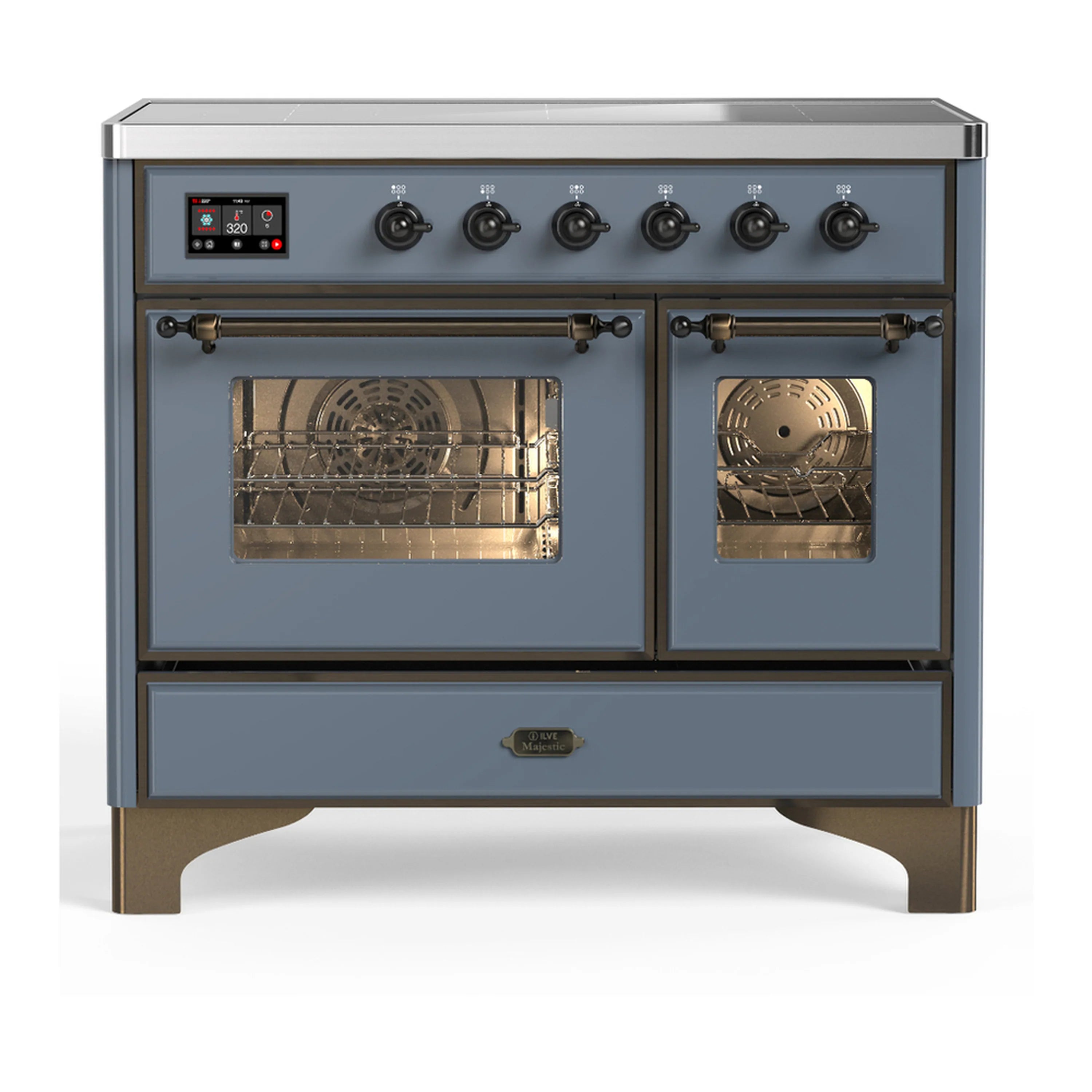 Blue grey induction range with two oven doors and triple-pane window