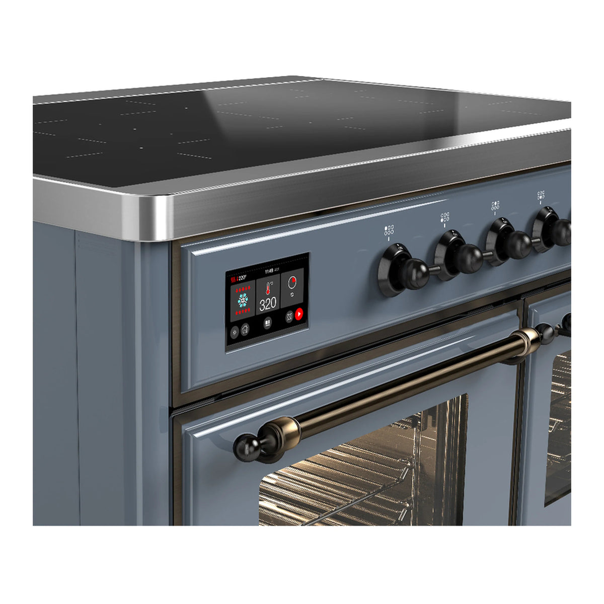 Induction range control panel with LED display and six black knob switches