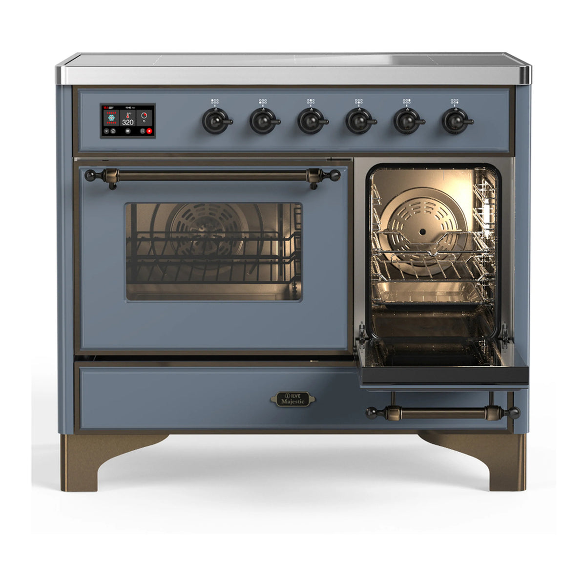 Blue grey induction range with one oven open and interior light on